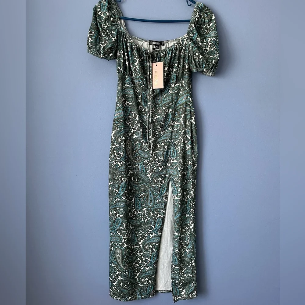 Missguided puff sleeve paisley midi slit dress size 6 - Picture 3 of 5